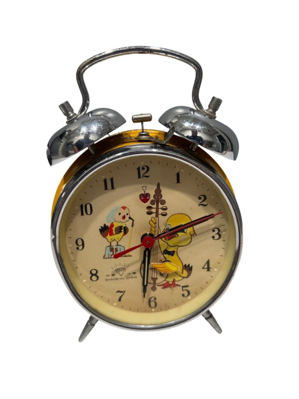 Vintage Diamond Brand Yellow Twin Bell Alarm Clock W/ Duck & Bird Illustration M